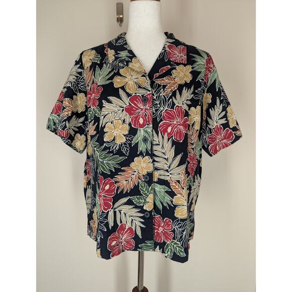 Coldwater Creek Cotton Floral Tropical Button Shirt Size L Hawaiian Short Sleeve - Picture 1 of 8